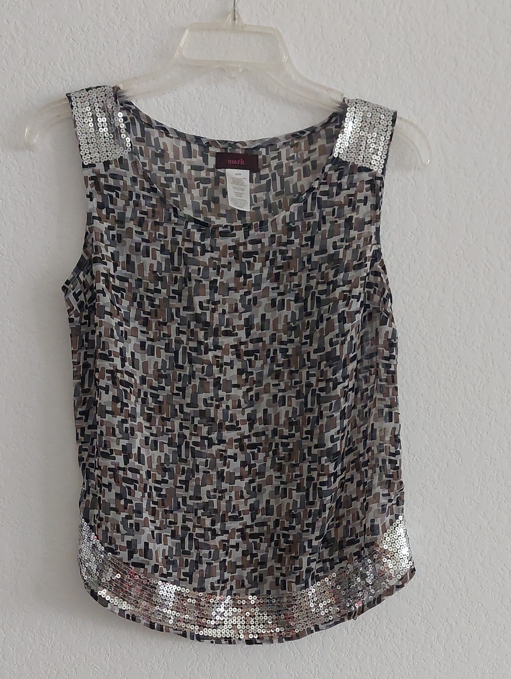 MARK Abstract Print Sleeveless Top with Silver Sequin Trim NWOT